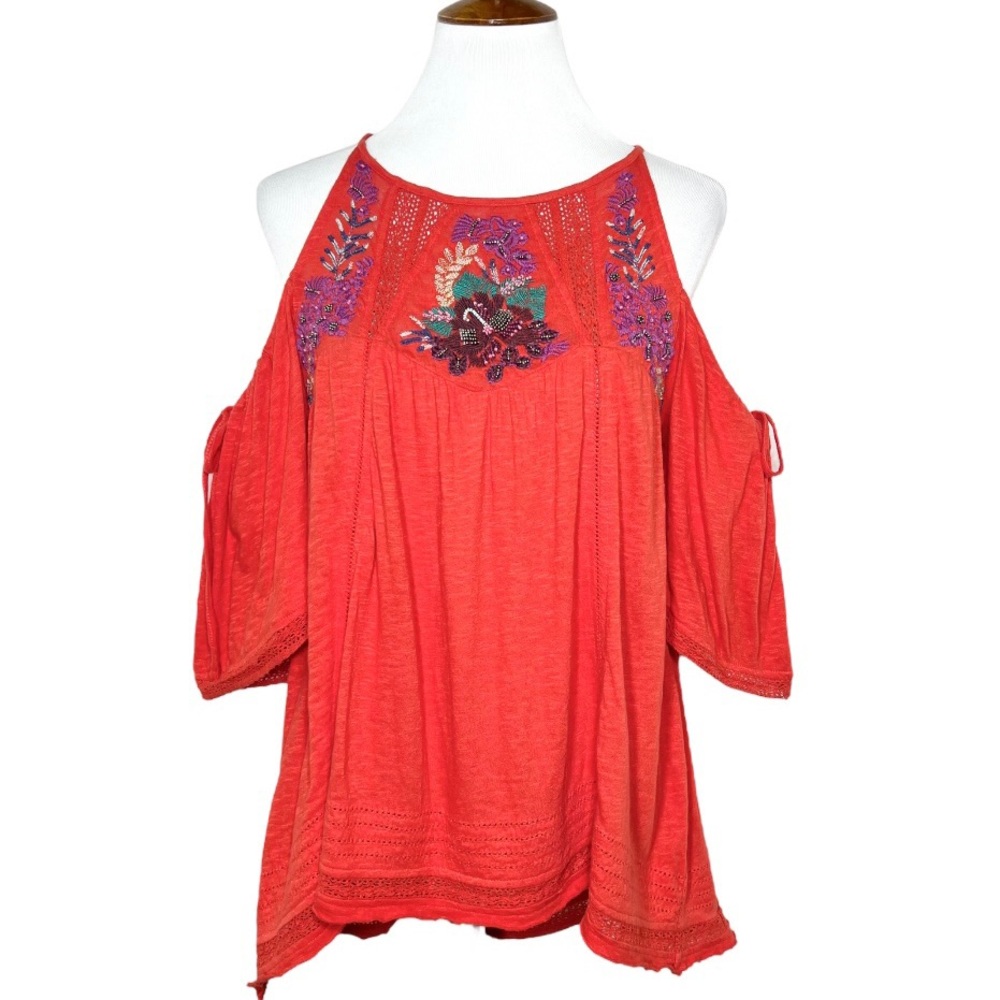 Free People Embroidered Beaded Oversize Draped Cold Shoulder Coral Red Tee XS
